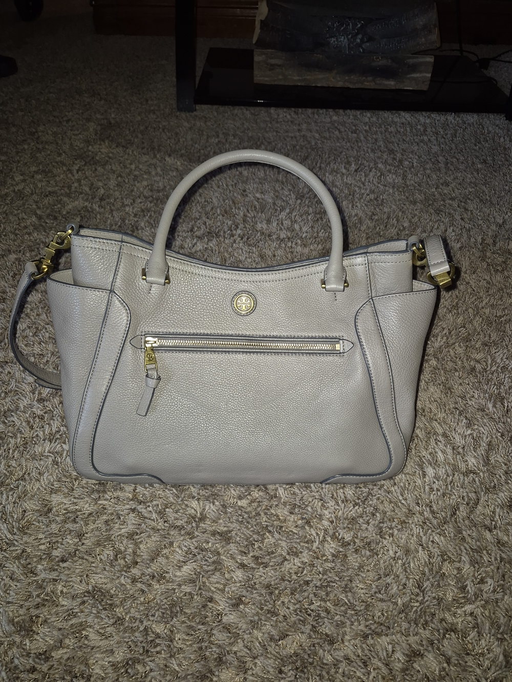 Tory Burch Light Beige/ gray Pebbled Leather Satchel with Gold Hardware